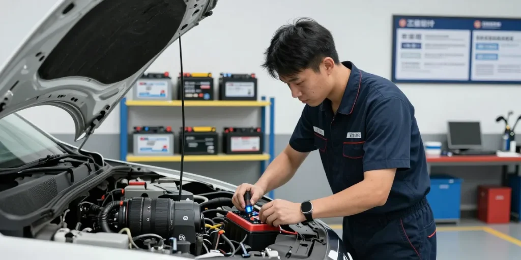 Professional battery replacement by a skilled technician in a modern garage.