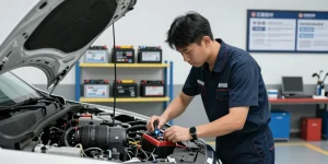 Professional battery replacement by a skilled technician in a modern garage.