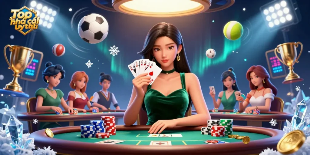 Engage with Top nhà cái uy tín at a vibrant poker scene, featuring beautiful gameplay and enthusiastic betting.