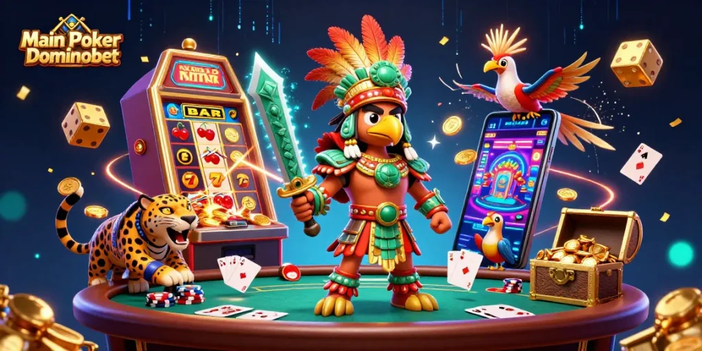 Main Poker Dominobet delivers a thrilling experience with a vibrant poker scene featuring dynamic characters and gaming elements.