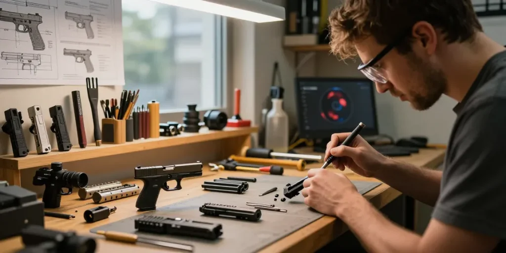 Custom Glock slide work at https://precisionglockslides.com, showcasing detailed craftsmanship and tools