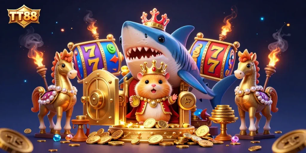 Engage with TT88 and experience thrilling jackpots amid a majestic throne scene adorned with treasures.