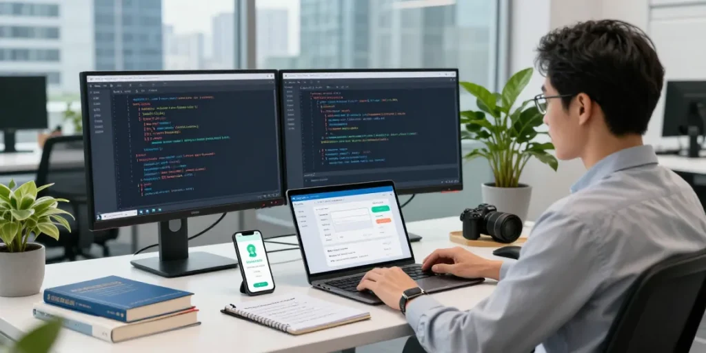 Innovative workspace showcasing an age verification system's development with engineers and technology.