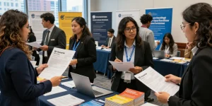 University and trade schools graduates networking at a vibrant urban career fair, showcasing their skills and resumes.