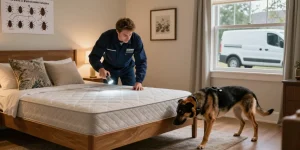 Expert bed bug control inspection in a cozy bedroom, highlighting discreet and professional pest management services.