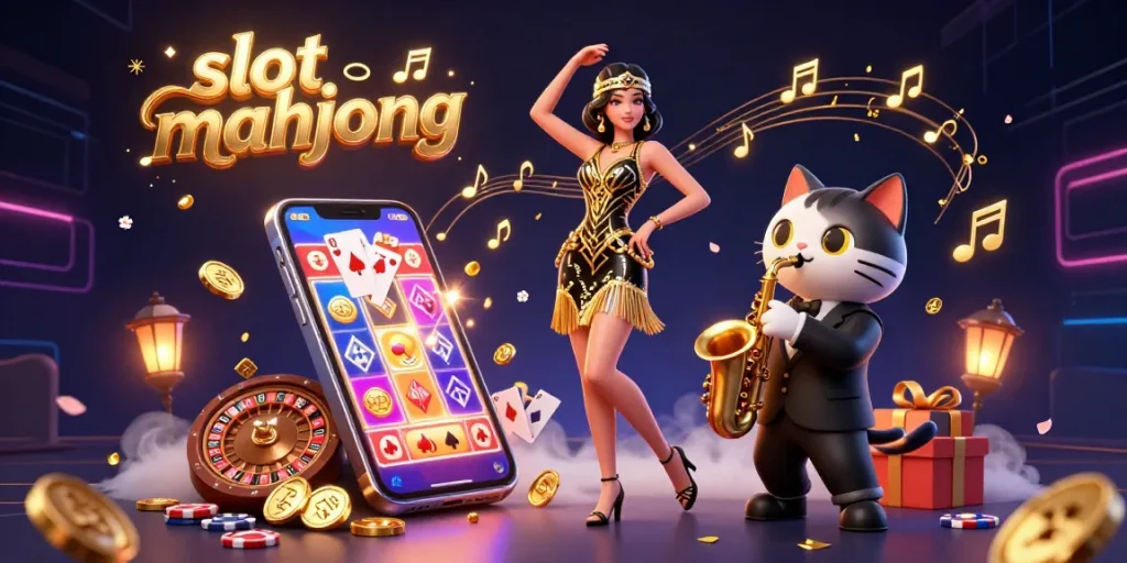 Experience exciting slot mahjong action with vibrant game elements in this dynamic casino scene.