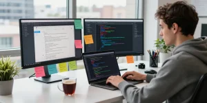 Learn React Hooks and Redux Toolkit in a vibrant software development workspace, showcasing code and productivity.