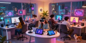 Dynamic collaborative workspace showcasing NSFW AI content creation with vibrant digital tools and diverse creators.
