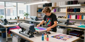Expert t-shirt printing process in action, showcasing vibrant designs and quality fabrics