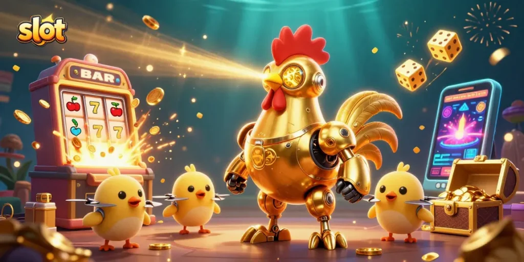 Menggambar slot dengan jackpot yang meledak, robot ayam emas futuristik, dan drone anak ayam, memikat pemain.
