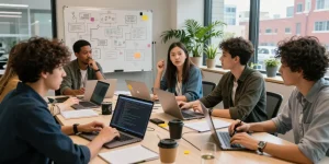 Dynamic co-working space showcasing professionals collaborating on telegram官网 integration.