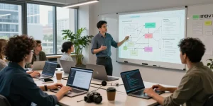 Collaboration among developers at a tech workspace, featuring innovative tools and a vibrant atmosphere, representing telegram官网.
