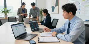 Investigator collaborating on asset tracing strategy with documents and laptops in a modern office.