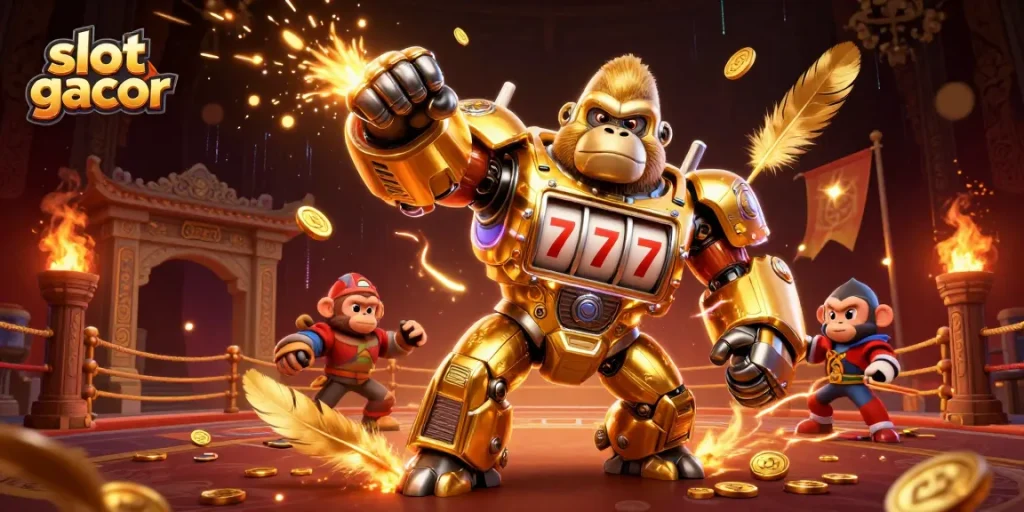 Slot gacor menyajikan visual dinamis dengan karakter gorila mecha dan efek slot yang memukau.